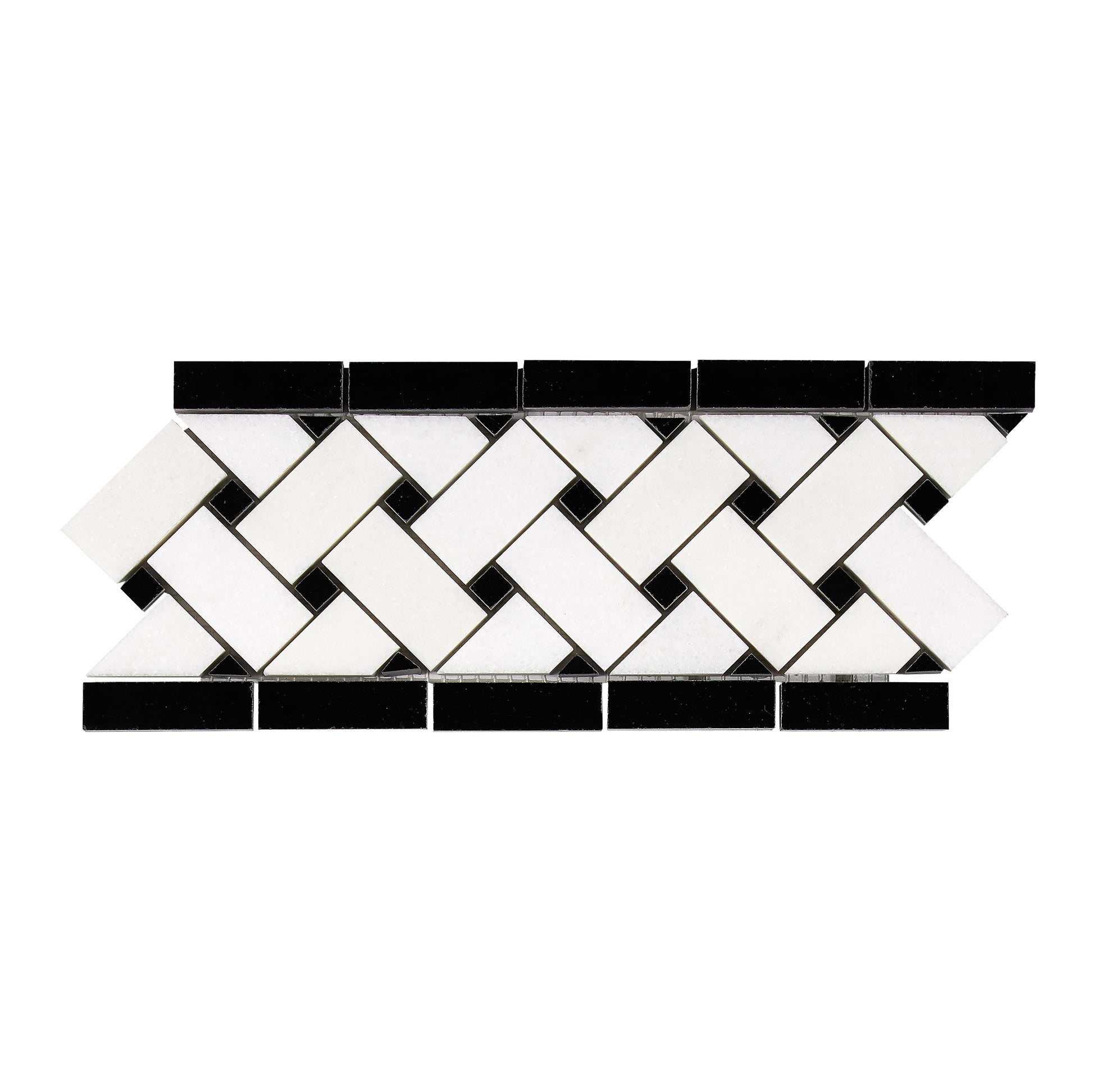 Thassos White Marble 4-3/4’’ X 12’’ Basketweave Border (w/ Black) Polished/Honed Accent & Trim Tile