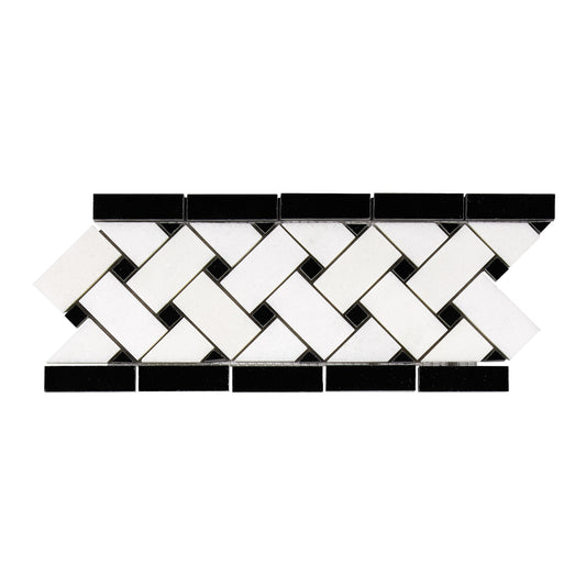 Thassos White Marble 4-3/4’’ X 12’’ Basketweave Border (w/ Black) Polished/Honed Accent & Trim Tile