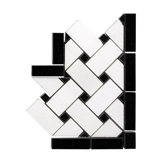 Thassos White Marble Basketweave Border CORNER (w/ Black) Polished/Honed Accent & Trim Tile