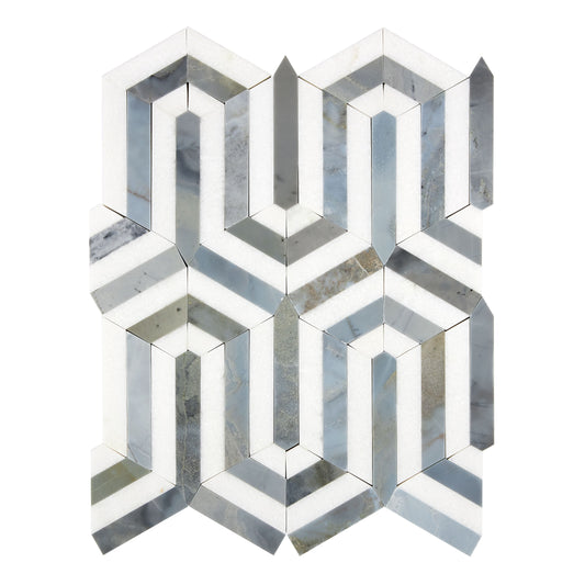 Thassos White Marble Berlinetta Mosaic (w/ Blue-Gray) Polished/Honed Backsplash Tile