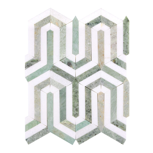 Thassos White Marble Berlinetta Mosaic (w/ Ming-Green) Polished/Honed Backsplash Tile