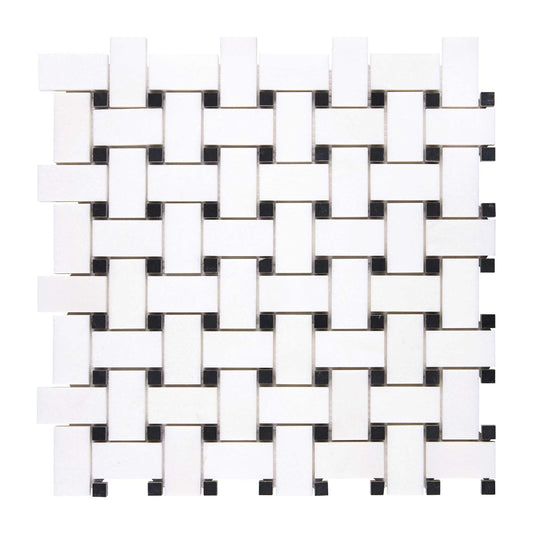 Thassos White Marble Basketweave Mosaic (w/ Black) Polished/Honed Backsplash Tile