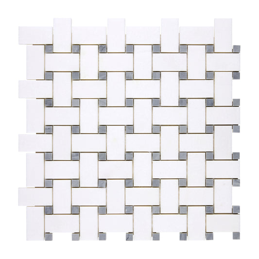Thassos White Marble Basketweave Mosaic (w/ Blue-Gray) Polished/Honed Backsplash Tile