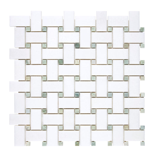 Thassos White Marble Basketweave Mosaic (w/ Ming Green) Polished/Honed Backsplash Tile