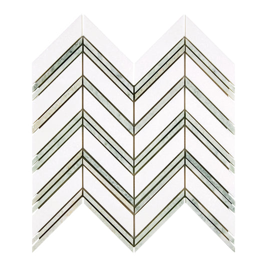 Thassos White Marble Chevron Mosaic (w/ Ming-Green) Polished/Honed Backsplash Tile