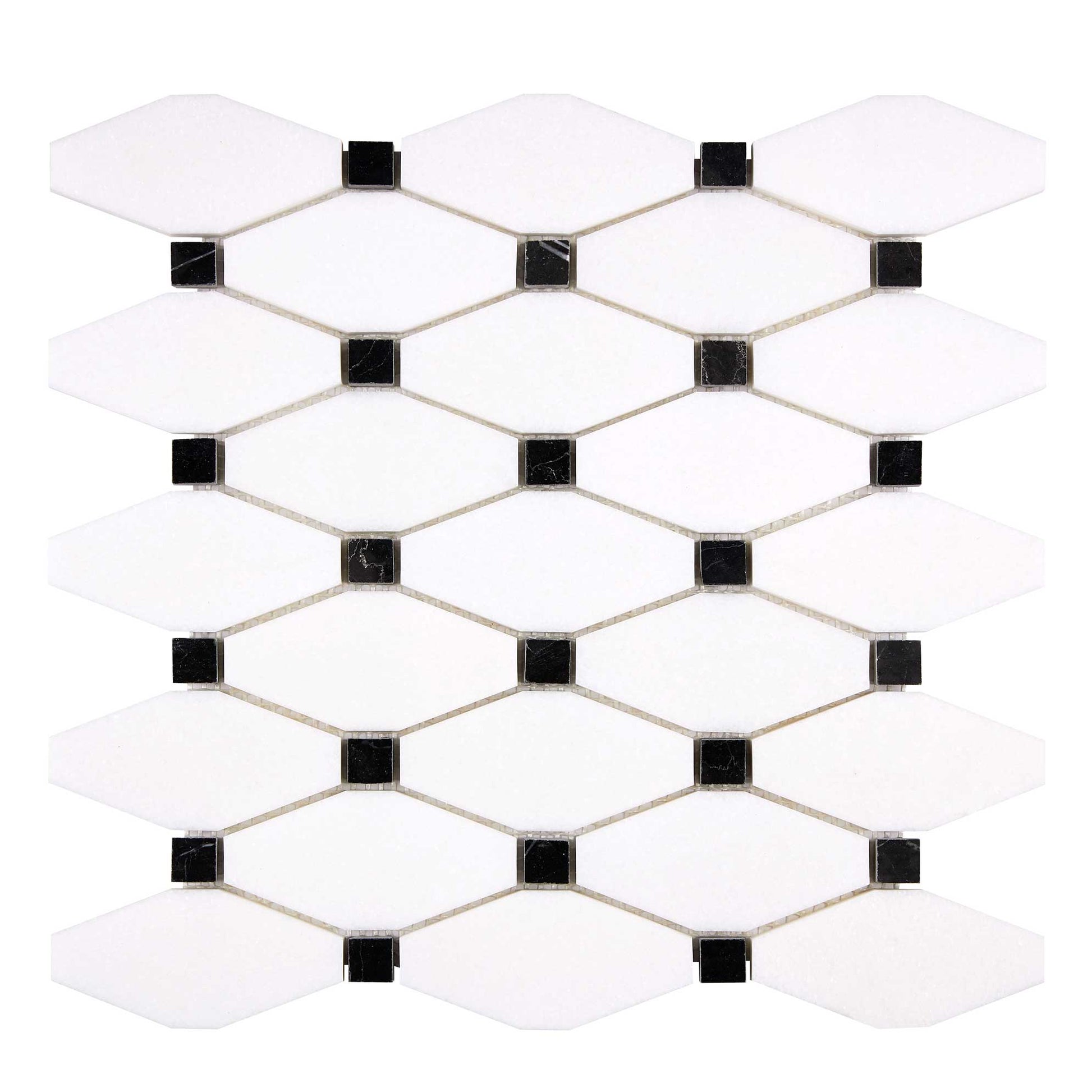 Thassos White Marble Long Octagon Mosaic (w/ Black) Polished/Honed Backsplash Tile