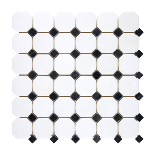 Thassos White Marble Octagon Mosaic (w/ Black) Polished/Honed Backsplash Tile