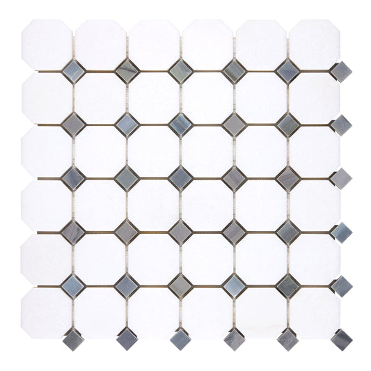 Thassos White Marble Octagon Mosaic (w/ Blue-Gray) Polished/Honed Backsplash Tile