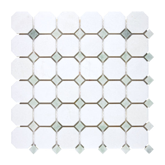 Thassos White Marble Octagon Mosaic (w/ Ming Green) Polished/Honed Backsplash Tile