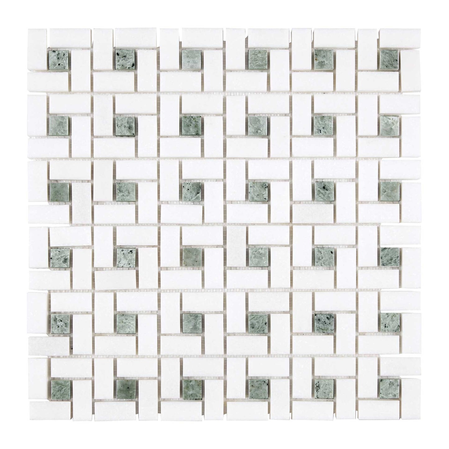 Thassos White Marble Pinwheel Mosaic (w/ Ming Green) Polished/Honed Backsplash Tile