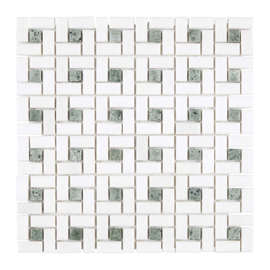 Thassos White Marble Pinwheel Mosaic (w/ Ming Green) Polished/Honed Backsplash Tile
