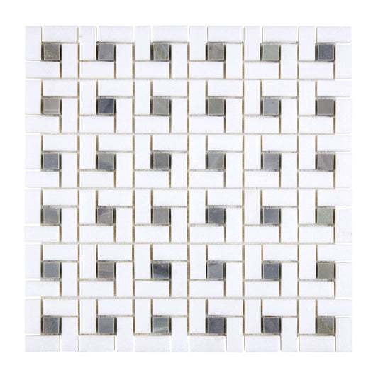 Thassos White Marble Pinwheel Mosaic (w/ Blue-Gray) Polished/Honed Backsplash Tile