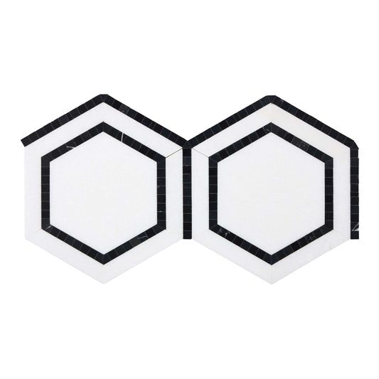 Thassos White Marble 5’’ X 5’’ Hexagon Combination Mosaic (w/ Black) Polished/Honed Backsplash Tile