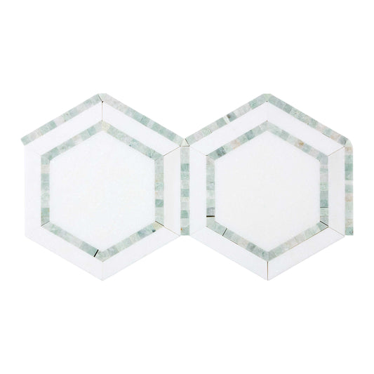 Thassos White Marble 5’’ X 5’’ Hexagon Combination Mosaic (w/ Ming-Green) Polished/Honed Backsplash Tile
