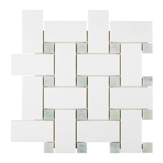 Thassos White Marble Basketweave Mosaic (w/ Ming-Green) Large Polished/Honed Backsplash Tile
