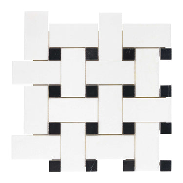 Thassos White Marble Basketweave Mosaic (w/ Black) Large Polished/Honed Backsplash Tile