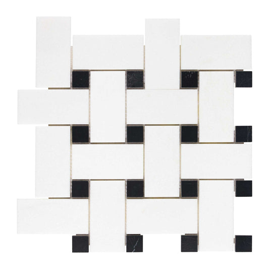 Thassos White Marble Basketweave Mosaic (w/ Black) Large Polished/Honed Backsplash Tile