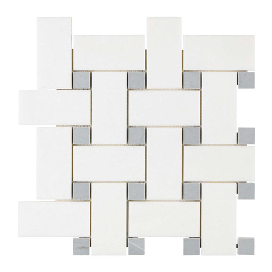 Thassos White Marble Basketweave Mosaic (w/ Blue-Gray) Large Polished/Honed Backsplash Tile