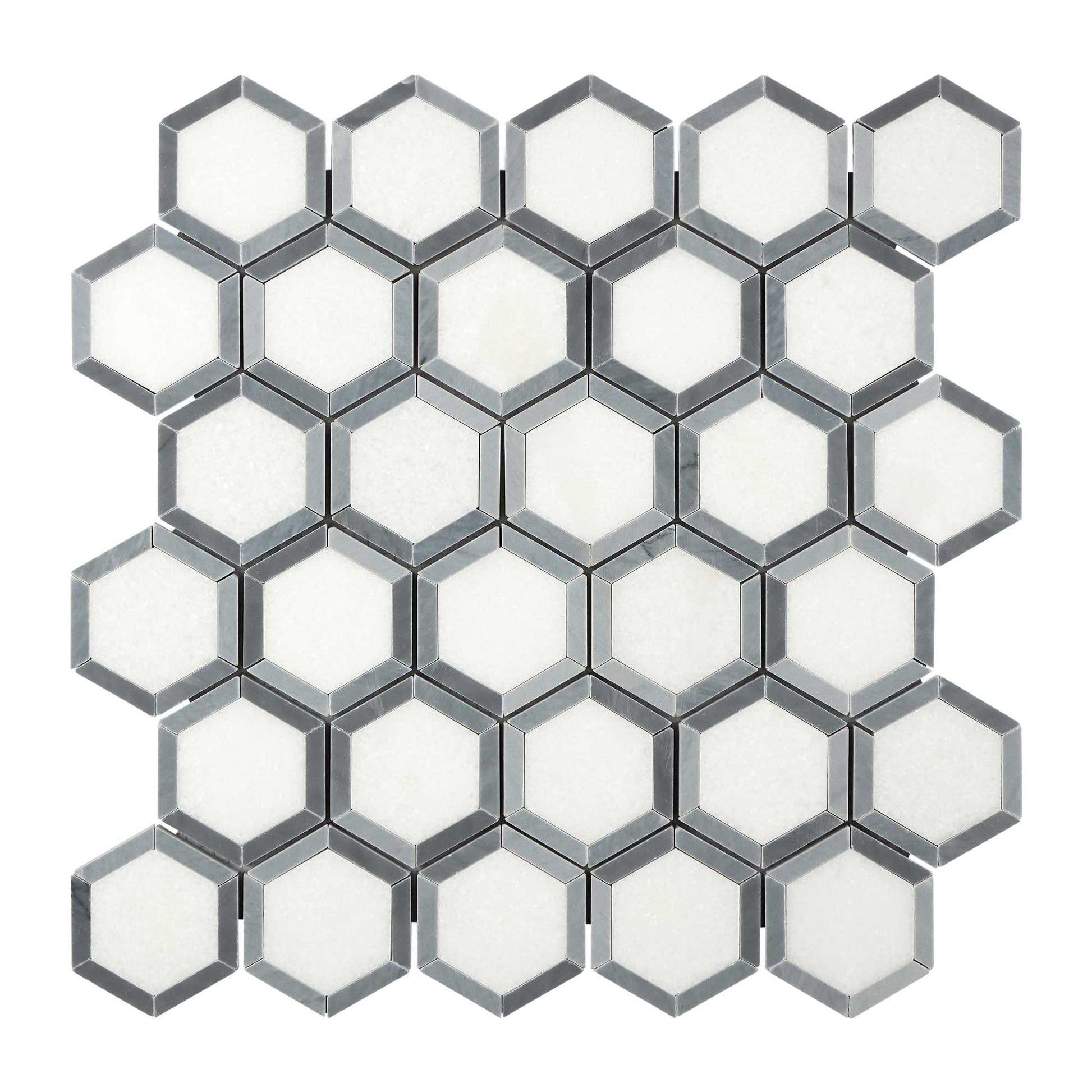 Thassos White Marble 2’’ X 2’’ Vortex Hexagon (w/ Blue-Gray) Polished/Honed Backsplash Tile