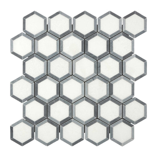 Thassos White Marble 2’’ X 2’’ Vortex Hexagon (w/ Blue-Gray) Polished/Honed Backsplash Tile