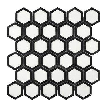 Thassos White Marble 2’’ X 2’’ Vortex Hexagon (w/ Black) Polished/Honed Backsplash Tile