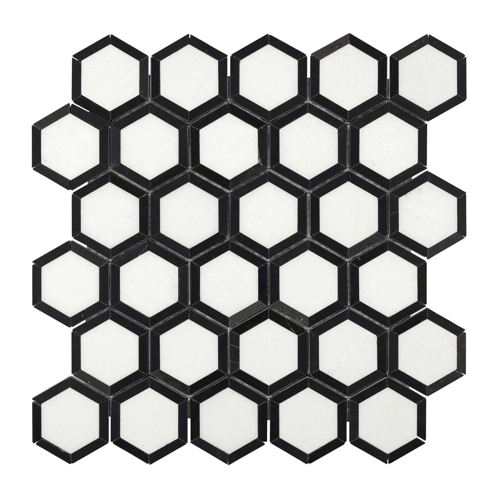 Thassos White Marble 2’’ X 2’’ Vortex Hexagon (w/ Black) Polished/Honed Backsplash Tile