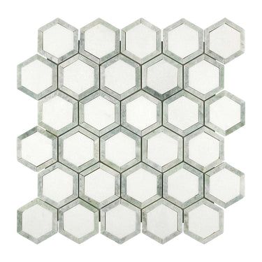 Thassos White Marble 2’’ X 2’’ Vortex Hexagon (w/ Ming Green) Polished/Honed Backsplash Tile