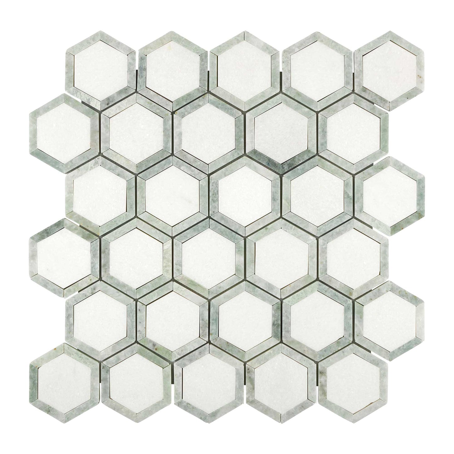 Thassos White Marble 2’’ X 2’’ Vortex Hexagon (w/ Ming Green) Polished/Honed Backsplash Tile