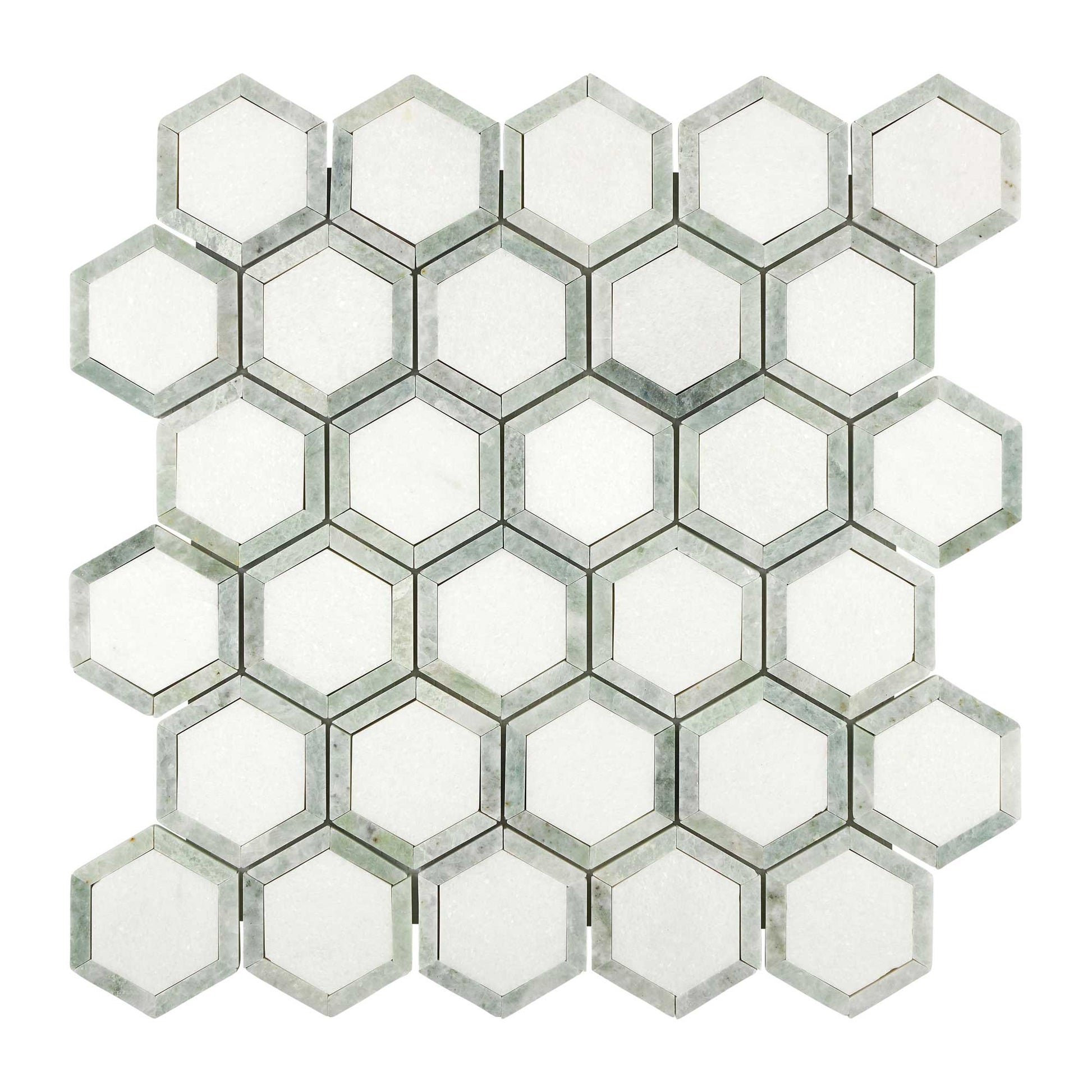 Thassos White Marble 2’’ X 2’’ Vortex Hexagon (w/ Ming Green) Polished/Honed Backsplash Tile