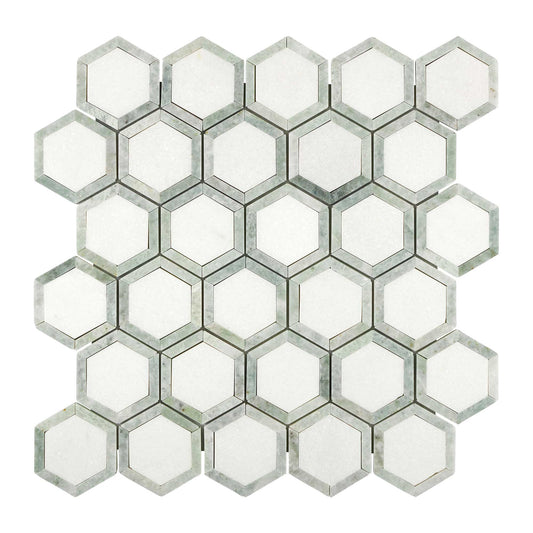 Thassos White Marble 2’’ X 2’’ Vortex Hexagon (w/ Ming Green) Polished/Honed Backsplash Tile
