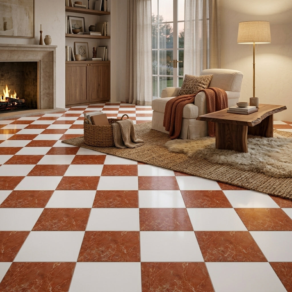 Checkerboard Marble Tile - Thassos White & Rojo Alicante
