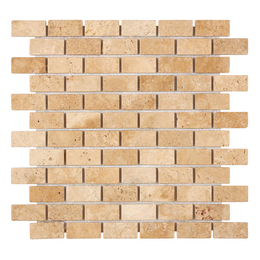 Walnut Travertine 1’’ X 2’’ Brick Mosaic Tumbled Backsplash Tile