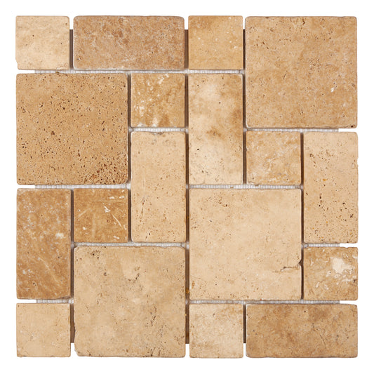 Walnut Travertine 3-pcs. Mini-Pattern Mosaic (Non-Interlocking) Tumbled Backsplash Tile