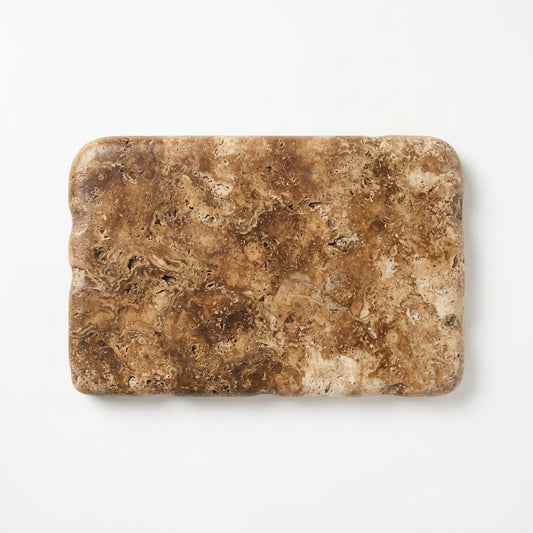 A rectangular stone tile with rounded corners, featuring a natural brown and beige marbled texture, shown on a clean white background.