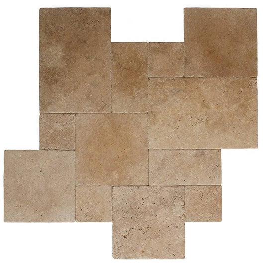 A mosaic arrangement of rectangular travertine tiles in warm beige and tan shades, displayed on a solid white background.