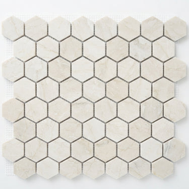 White Pearl Beige Botticino Marble Mosaic - 2in Hexagon