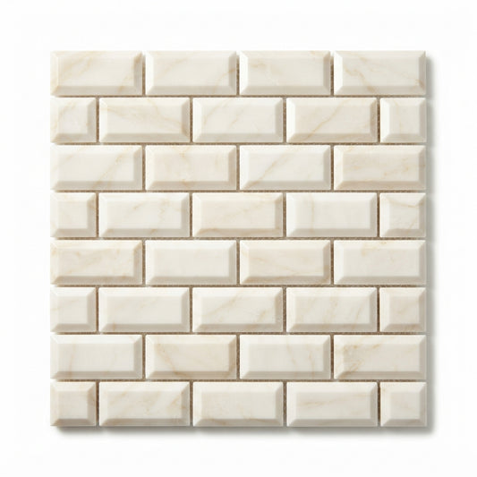 White Pearl (Turkish Botticino) Marble Mosaic - 2x4 Deep-Beveled Brick