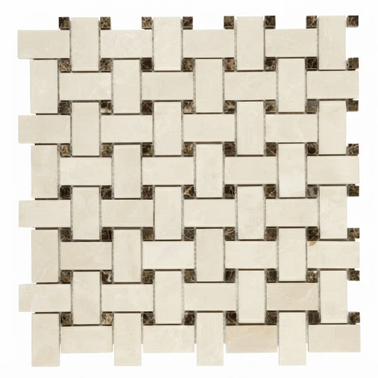 White Pearl (Turkish Botticino) Marble Mosaic - Basketweave with Emperador Dark Dots