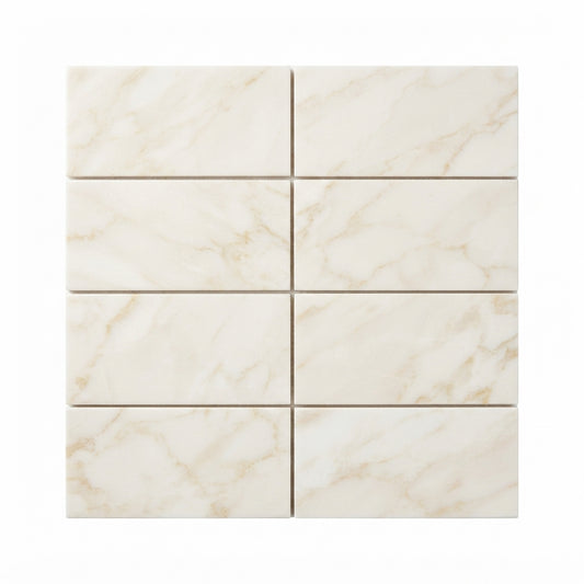 White Pearl (Turkish Botticino) Marble Tile - 3x6.  A 3x6 grid of square cream and off-white marble-look tiles with soft beige veining, shown on a plain white background.
