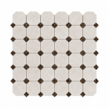 White Pearl Botticino Marble Mosaic - Octagon with Emperador Dark Dots