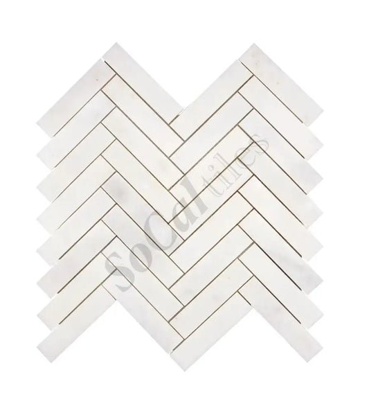 Afyon White Marble 1’’ X 4’’ Herringbone Mosaic Polished Backsplash Tile