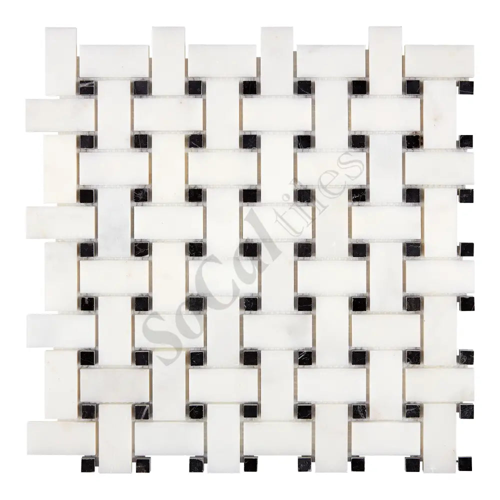 Afyon White Marble Basketweave Mosaic w/ Black Dots Polished Backsplash Tile