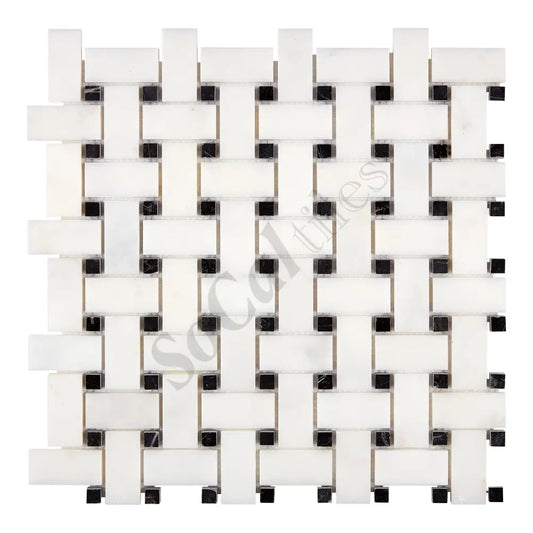 Afyon White Marble Basketweave Mosaic w/ Black Dots Polished Backsplash Tile