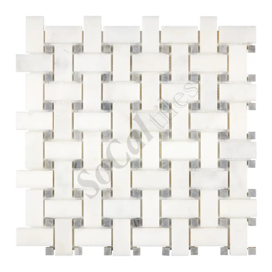 Afyon White Marble Basketweave Mosaic w/ Blue-Gray Dots Polished Backsplash Tile