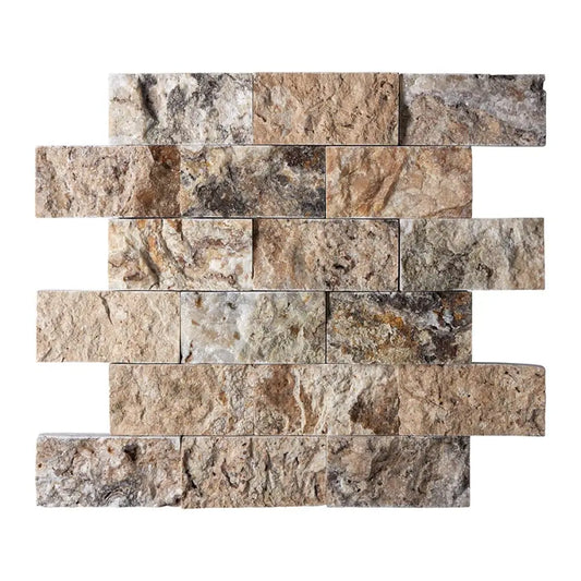 Antico Onyx Travertine 2’’ X 4’’ Brick Mosaic Tumbled/Split-Faced Wall Tile
