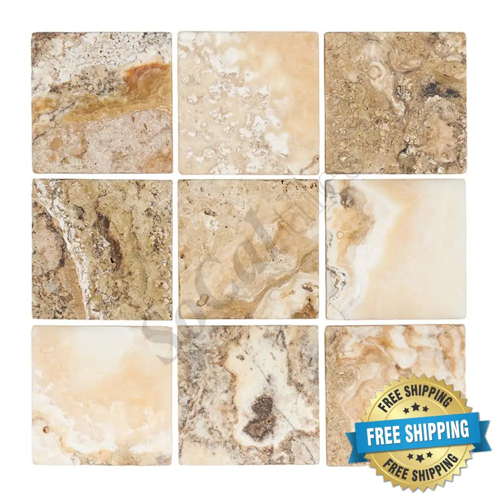 Antico Onyx Travertine 4’’ X 4’’ Tile Tumbled/CNC-Arched (Round-Face) Wall Tile