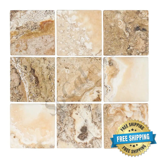 Antico Onyx Travertine 4’’ X 4’’ Tile Tumbled/CNC-Arched (Round-Face) Wall Tile