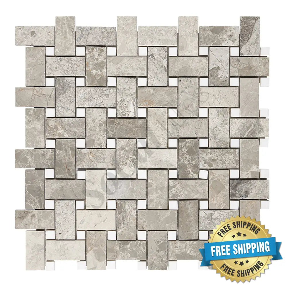 Atlantic Gray Marble Basketweave Mosaic (w/ White Dots) Polished/Honed Wall Tile