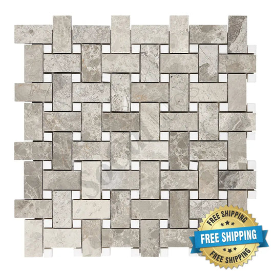 Atlantic Gray Marble Basketweave Mosaic (w/ White Dots) Polished/Honed Wall Tile