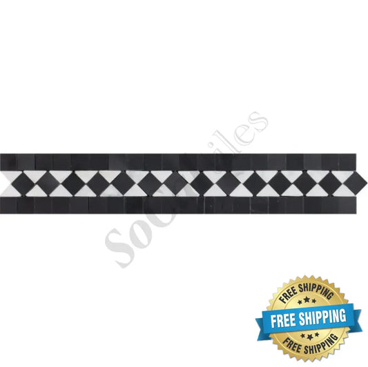 Bianco Carrara White Marble 2’’ X 12’’ BIAS Border (w/ Black) Accent & Trim Tile